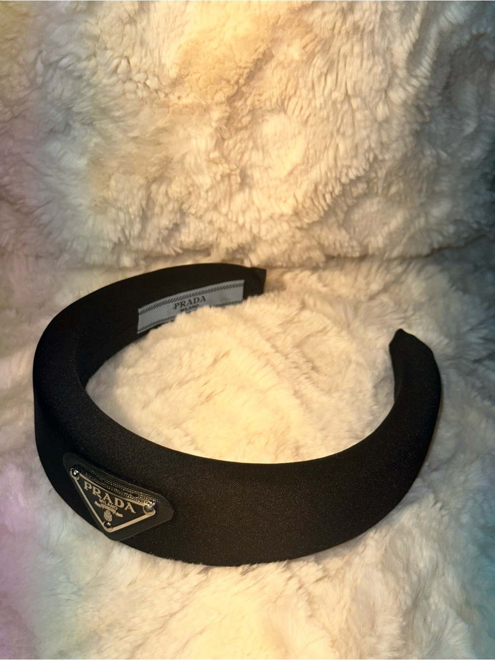 Prada Black Triangle Logo Headband with Silver Plaque - Picture 2 of 3